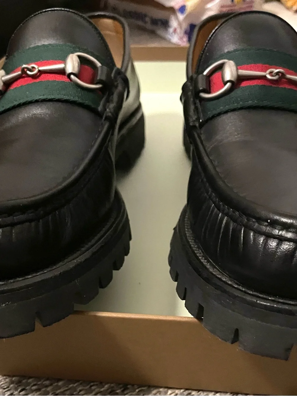 Gucci Black Leather Loafers with Red & Green Web and Silver Horsebit